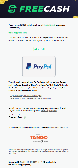 Freecash withdrawal confirmation